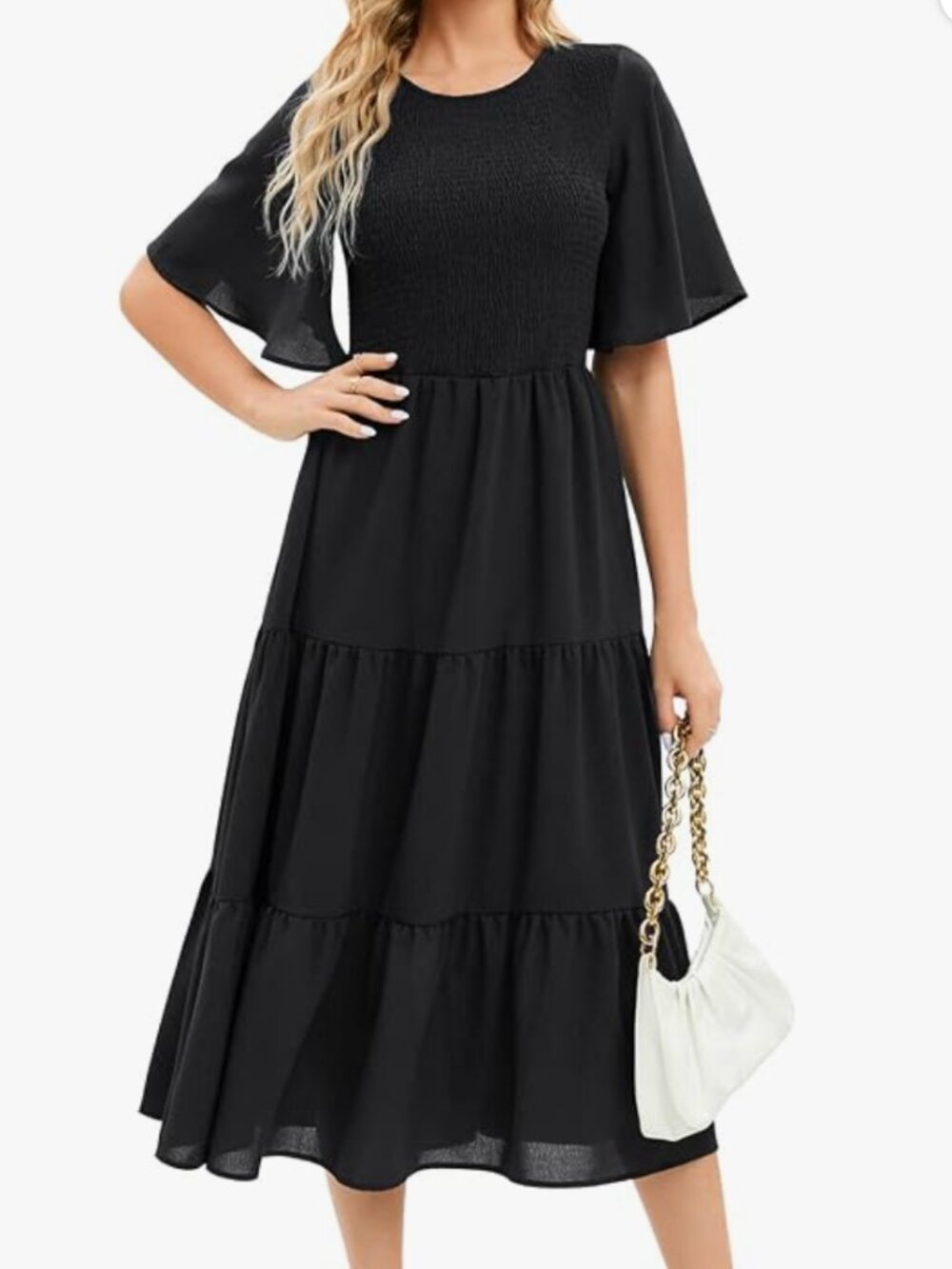 Black Tiered Smocked Midi Dress - Size L